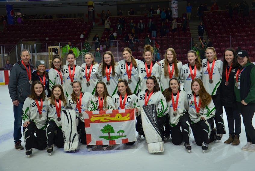 The P.E.I. Wave under-16 team earned the silver medal at the 2019 Credit Union Canadian ringette championships. The Calgary Core defeated the Wave 5-1 in the gold-medal game at Credit Union Place in Summerside on Saturday morning. Members of the Wave are, front row, from left: Addie MacPhee, Chloe LaBrech, Kenzy Hawkins, Nellie Campbell, Brooklyn MacInnis, Sarah Bain, Mia Martell and Lily MacPhee. Back row: Francois Caron (head coach), Emily Hughes (assistant coach), Emily Peters, Sophia Jeffery, Andrea Caron, Hailey Murphy, Alexa Carpenter, Grace MacKinnon, Tori Jayne Chapman, Jamie MacAulay, Delaney Roche, Michelle McCabe (assistant coach) and Madison James (assistant coach).