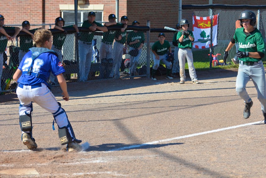 Jack MacKinnon is about to score a run for the Capital District Islanders while Fredericton Royals catcher Sam Gallagher awaits the throw. The Islanders defeated the Royals 9-0 to complete round-robin play atop Pool B with a perfect 3-0 (won-lost) record in the Baseball Canada 2018 Atlantic 13-and-under championship at Queen Elizabeth Park in Summerside. The Islanders will play in a semifinal game at Queen Elizabeth Park on Saturday at 4 p.m.
