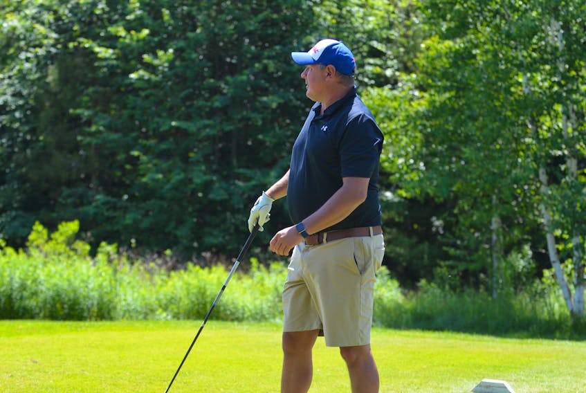 Darren Langdon follows a tee shot during Sunday’s round in the Summerside Boys and Girls Club Novus celebrity golf tournament at P.E.I. Ocean View and Resort.