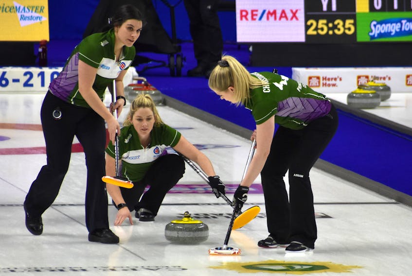 Second stone Meaghan Hughes releases a shot while lead Michelle McQuaid, left, and third stone Marie Christianson handle the sweeping chores. The P.E.I. representative, skipped by Summerside native Suzanne Birt, defeated Team Canada’s Jennifer Jones 8-6 on Monday morning to improve to 2-1 (won-lost) at the 2019 Scotties Tournament of Hearts in Sydney, N.S. Hughes curled a game-high 91 per cent against Team Canada.