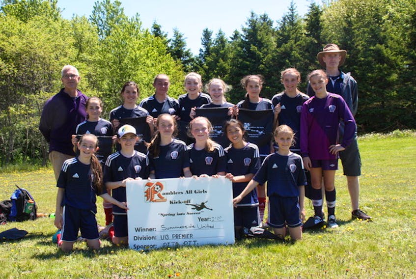 The Summerside United won the Under-13 Premier Division championship of the Eliot River Ramblers all girls kickoff tournament on Sunday. The United defeated the Winsloe/Charlottetown Royals 2-1 in the final at the Westwood Primary School pitch. Summerside team members are, front row, from left: Ava Pomeroy, Kristyn Taylor, Ardyn Hardy, Olivia James, Lana Gillis and Annie Pier Morency. Back row: Andrew Hardy (assistant coach), Bree McAlduff, Kailyn Gallant, Maddy Keough, Amelia Murphy, Jessica Thibeau, Aaliyah MacDonald, Maleah Welton, Madelyn MacPherson and Ian Gillis (head coach).