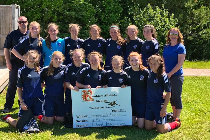 The Summerside United won the Under-15 Premier Division championship of the Eliot River Ramblers all girls kickoff soccer tournament over the weekend. Summerside defeated RC United 2-0 in the championship game Sunday. Summerside team members are, front row, from left: Gracie Gallant, Katie Acorn, Brooke Blanchard, Mya Moffatt, Bri Hughes, Megan MacDonald and Callie McAlduff. Back row: Wade Smith (coach), Kaitlyn Smith, Lauren Clark, Paige MacLean, Lindsay Stewart, Avery Simpson, Brinley Gallant, Ashlyn Pridham and Janey Simpson (manager). Missing from photo are Renee Silliker, Reghan Betts and Emily McKenna.