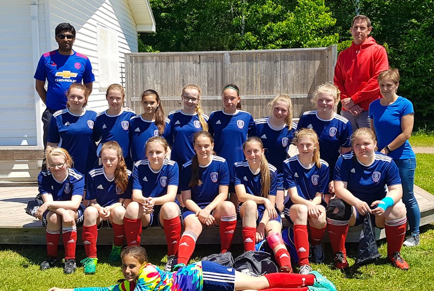The Summerside Team Two United earned a silver medal in the Eliot River Ramblers all girls kickoff soccer tournament over the weekend. The Eliot River Team Two Ramblers edged the United in penalty kicks to win the championship game. Summerside team members are Heleena Luddington, lying in front, and second row, from left: Ashley DesRoches, Bailey Butler, Emma Shaw, Shakira Gallant, Brooke-Lynn Gallant, Annalise Vanderveen, Brianna Underhill. Third row: Kirstin Bryanton, Abby Douglas, Jill Lockerby, Anna Smith, Kate Campbell, Charlotte Schofield, Isabelle Chappell and Karen Gallant (manager). Back row: Fahad Khatri (head coach) and Ryan Schofield (assistant coach).