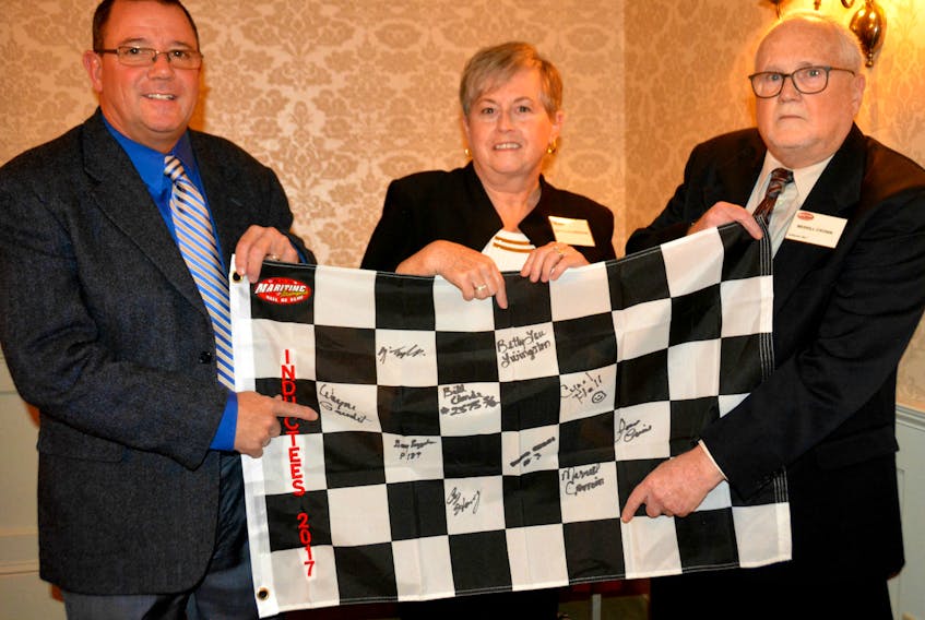 Wayne Gaudet, left, Betty Lou Livingston, representing her late husband Carl Livingston, and Merrill Cronin were part of the Maritime Motorsports Hall of Fame’s 12th annual induction gala in Summerside on Saturday evening.