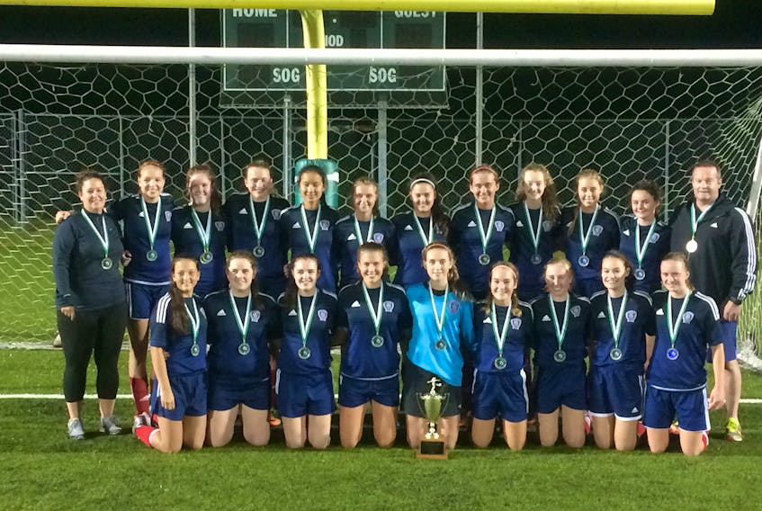 The Summerside United are the 2018 Subway P.E.I. Under-18 Girls Soccer League (Premier Division) champions. Summerside defeated Hillsborough United 4-2 in the championship game at UPEI in Charlottetown on Tuesday night. Summerside team members are, front row, from left: Jillian Arsenault, Brianna McCardle, Hilarie Gaudet, Paige Deighan, Kyrsten Coyle, Abby Christopher, Carley MacKenzie, Julia Johnson and Heidi Lauwerijssen. Back row: Michelle Johnson (coach), Ellen Murphy, Ellen Cole, Paige Lauwerijssen, Jane Gillis, Maddy Moffatt, Rebecca Proctor, Madeline Hamill, Julia Smith, Callie Champion, Erin Arsenault-Gallant and Wade Smith (coach). Missing from photo is Liz Mulligan.