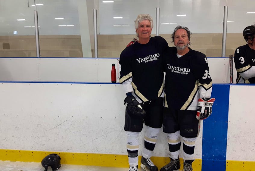 Dave Roberts, left, and Brian Foley were teammates with the P.E.I. Vanguard 65-plus hockey team at the recent Canadian 55-Plus Games in Saint John, N.B.