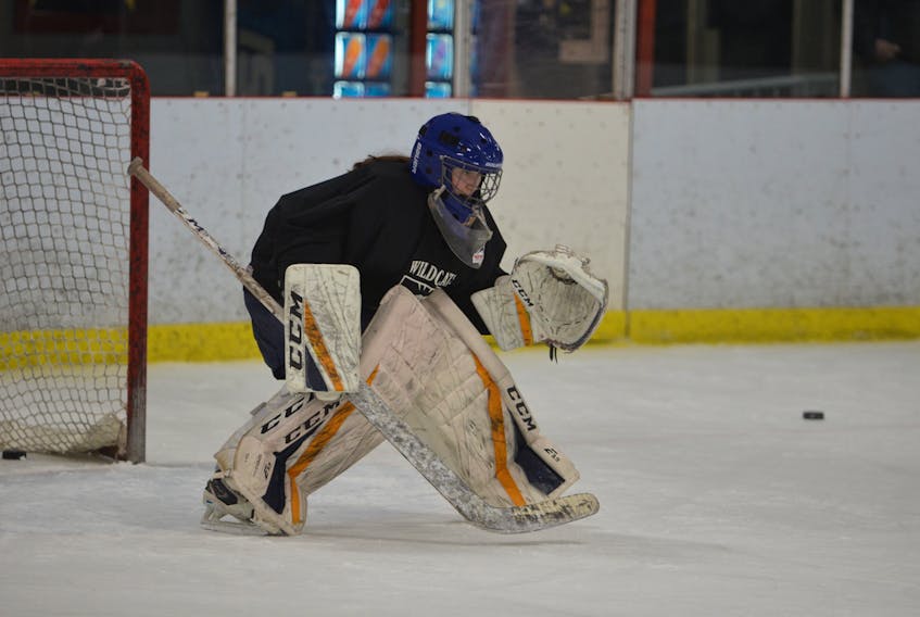 Mid-Isle Wildcats goaltender Hannah LeClair focuses on a shot during a team practice at Credit Union Centre in Kensington, formerly Community Gardens, on Sunday evening. The Wildcats are the P.E.I. representatives at the 2018 Atlantic midget AAA female hockey championship in Mount Pearl, N.L., beginning Thursday.