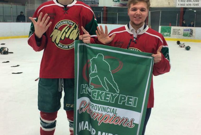 Colby MacArthur, left, and Ethan Beaulieu of the Kensington Monaghan Farms Wild recently won their sixth Hockey P.E.I. provincial championship in a row.