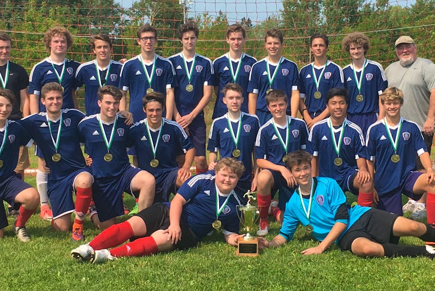 The Summerside United won the Subway P.E.I. Under-18 Boys Soccer League (First Division) championship in Stratford on Saturday. The United edged the Eliot River Ramblers 2-1 in penalty kicks in the gold-medal game. Members of the United are, front row, from left: Nathaniel Muller and Julien Robichaud. Kneeling: Kaleb Overy, Caleb Coyle, Caleb Dawson, Jordan Arsenault, Carter McBean, Matthew Meister, Sean Gonzales and Joel Gallant. Back row: Stephen Smallwood, Matt Enman, Brandon Hastings, Brayden Gallant, Brett Atkin, Peyton Lauwerijssen, Dexter Stewart, Isaac Arsenault, Bryce Corkum and Thane Smallwood (coach). Missing from photo is team manager Tracy Enman.