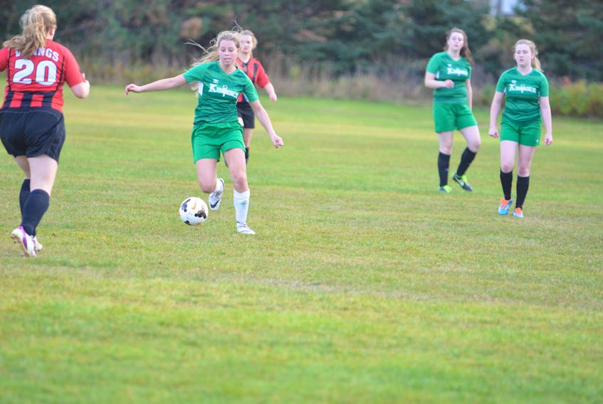 Callie Champion of KISHORA controls the ball during Wednesday’s semifinal game against Montague at Queen Elizabeth Elementary School in Kensington. KISHORA won the game 5-2 to advance to the P.E.I. School Athletic Association Senior A Girls Soccer League gold-medal match against Charlottetown Rural at UPEI on Saturday at 9 a.m. Jason Simmonds/Journal Pioneer