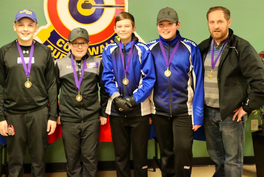 The Cruz Pineau team from the Silver Fox in Summerside won the A final of the provincial under-13 curling championship at the Cornwall Curling Club on Sunday afternoon. Team members are, from left: Cruz Pineau, Brayden Snow, Davis Nicholson, Jack MacFadyen and coach Cory Snow.