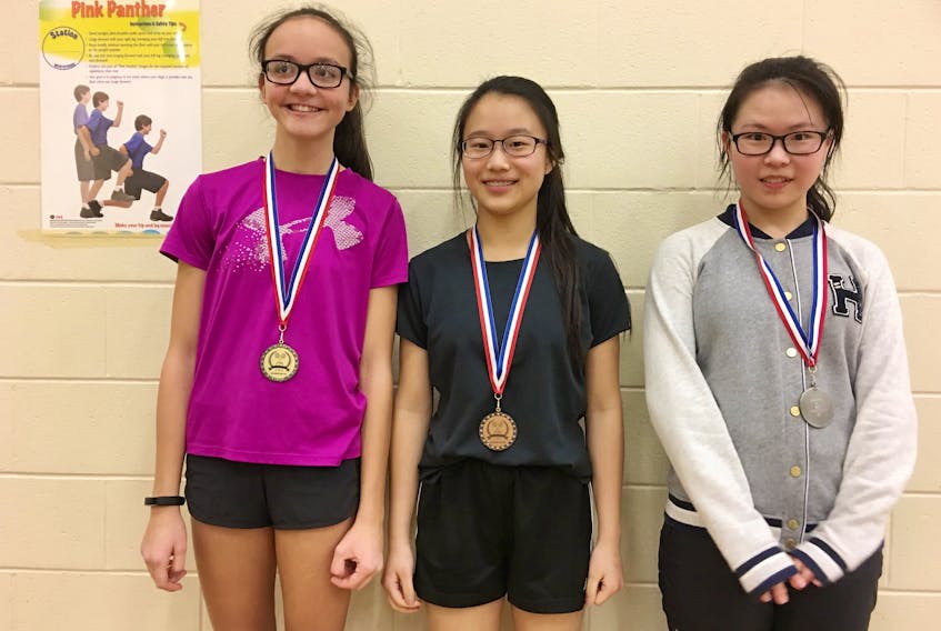 Hayden Ford, left, won the under-19 girls’ singles title at the Badminton P.E.I. under-15 and under-19 tournament in West Royalty recently. Cici Huo, right, finished second while Cherry Lam was the third-place finisher.