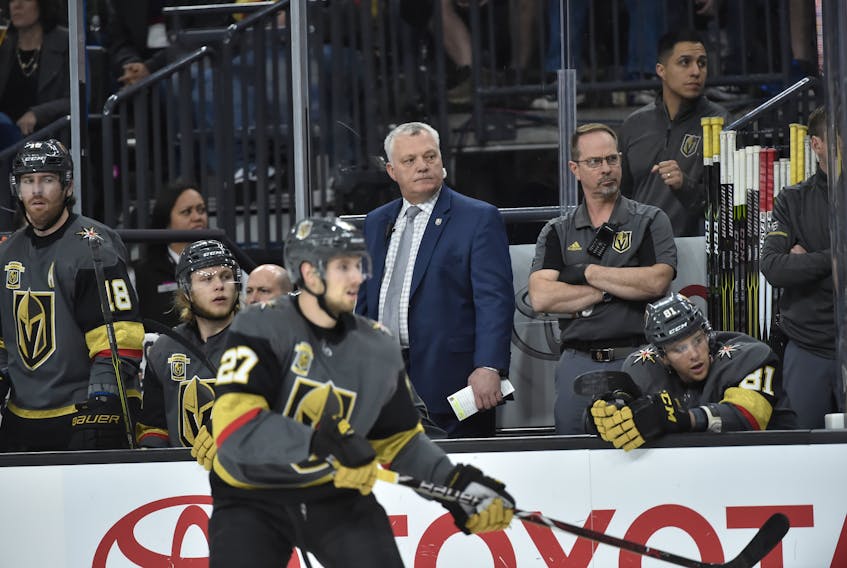 Vegas Golden Knights assistant coach Mike Kelly of Cornwall, P.E.I., follows the play during a National Hockey League regular-season game. Photo courtesy of David Becker/Vegas Golden Knights.