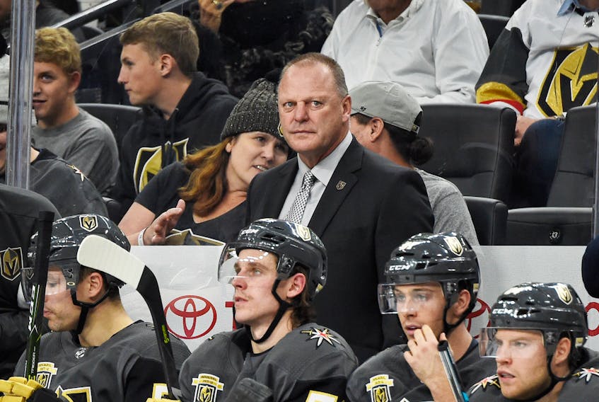 Vegas Golden Knights head coach and Summerside native Gerard (Turk) Gallant looks on from the bench during a 2018-19 National Hockey League game. The Golden Knights will open the Stanley Cup Final series Monday night. Photo courtesy of Jeff Bottari/Vegas Golden Knights.