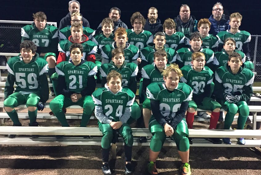 The Summerside Spartans and Charlottetown Privateers will meet in the P.E.I. Bantam Tackle Football League’s championship game at Eric Johnston Field on Saturday at noon. Members of the Spartans are, front row, from left: Donovan Clements and Dane Rogers. Second row: Brenton MacLeod, Bradley McCourt, Brayden Pike, Wesley Long, Colby Gallant and Connor Blood. Third row: Evan MacDougall, Kieran Arsenault, Zackary Blood, Carter Lawless and Cole Holland. Fourth row: Sean Matheson, Carson Biggar, Luke Quinlan, Lucas Doucette, Nathan Enman, Daniel Tamtom and Aiden Little. Back row: Brian Goguen, head coach; Kenny Blood, offensive co-ordinator; Paul Quinlan, defensive co-ordinator; Chris MacDougall, lineman coach, and Jamie Matheson, special teams coach. Missing from photo is player Sam Friesen.