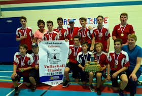 The East Wiltshire Warriors won the 42nd annual M.E. Callaghan Boys Volleyball Classic tournament on Saturday. The Warriors defeated the Queen Charlotte Coyotes 2-1 (25-22, 26-28, 15-8) in the final. Members of the Warriors are, front row, from left: Simon MacFadyen, Riley McKinnon, Christopher MacDougall, Matthew Carpenter, Kody Vos, Dominik Pineau and Sherri Pineau (assistant coach). Back row: Caden Dawson, Cathy Butler (coach), Myles Grant, Jackson Sherren, Keefe Marshall, Jack MacDougall, Kaleb MacCormack and Finn McCourt.