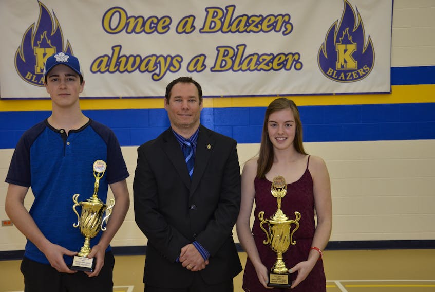 Liam Arsenault and Maggie Linkletter were named the 2017-18 recipients of the Kinkora Regional High School (KRHS) Spirit Awards. KRHS athletic director Trent Ranahan presented the awards.