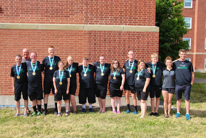 Team P.E.I. won a gold medal in soccer at the Special Olympics Canada 2018 Summer Games in Antigonish, N.S., on Saturday. Team members are, from left: Shawn Mitchell, Dave Morrow (assistant coach), Jeremy Cheverie, Geoff Bridges, Marlee MacDonald, Sarah MacDonald, Andrew Maloney, Scottie Brousseau, Callie Wood, John Rafuse, Alyssa Chapman, Logan Robbins, Émilie Boucher (co-head coach) and Terry Nabuurs (co-head coach). Special Olympics P.E.I. Photo