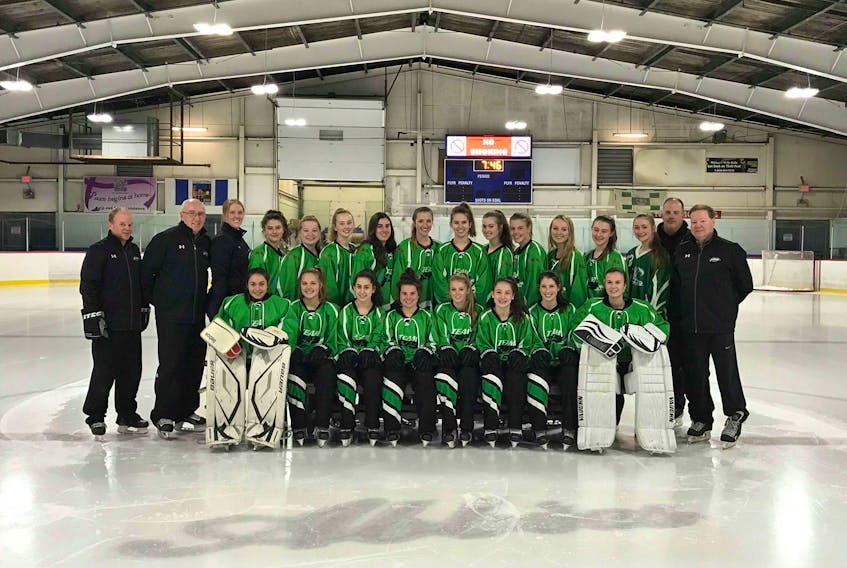 The P.E.I. Wave will compete in the Under-19 Division of the Canadian ringette championships that begin in Summerside and Charlottetown on Monday. Team members are, front row, from left: Georgia Fraser, Devon Costello, Hailey Larkin, Sarah Legault, Madi Fisher, Olivia Devine, Robyn Power and Danielle Steadman. Back row: Scott Fisher (assistant coach), Mike Devine (assistant coach), Tara O'Brien (coach) Autumn Chandler, Abby James, Kayda Hawkins, Danielle Hayes, Brittany MacCormac, Carley Matheson, Quinn Kirkland, Natalie, Caron, Alex McMonagle, Christina Devine, Jessica Murphy, Terry MacCormac (assistant coach) and Mike James (assistant coach).