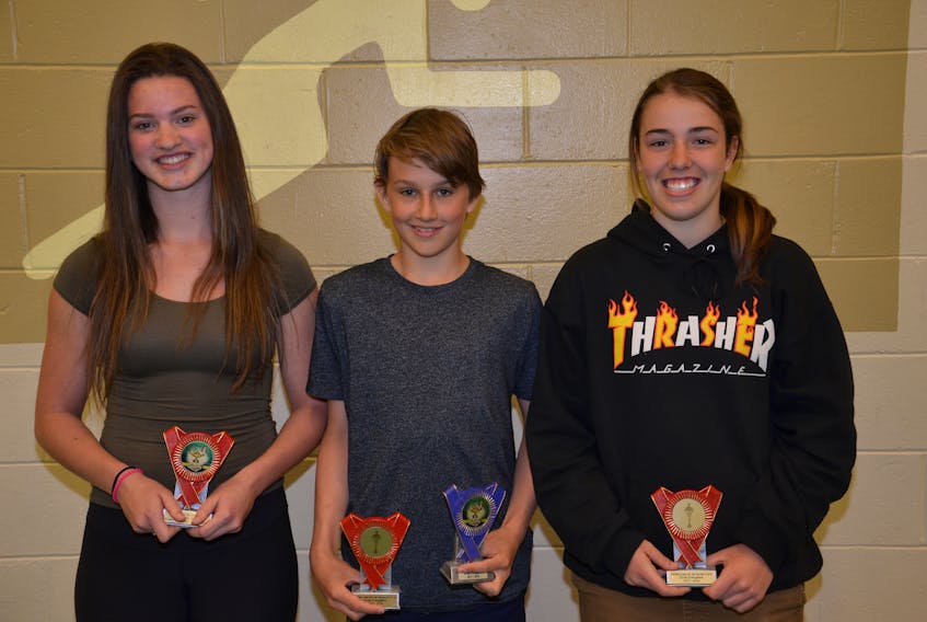 Evangeline School announced the winners of its intermediate students and athletes of the year at its Awards Gala recently. From left: Renée Gallant, female student of the year; Frederick Morency, male student and athlete of the year, and Tianna Gallant, female athlete of the year.