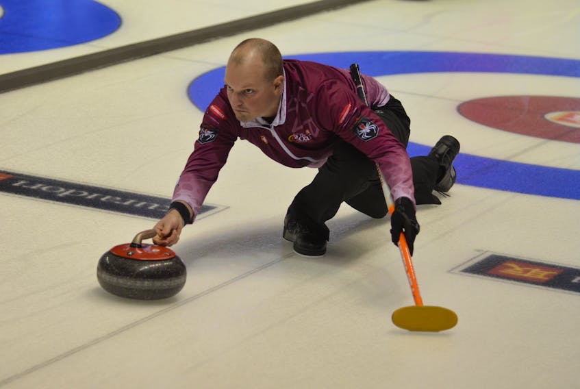Martin Crete is the third stone for the Jean-Michel Ménard rink competing in this week’s 2017 Home Hardware Road to the Roar Pre-Trials curling event in Summerside. Jason Simmonds/Journal Pioneer