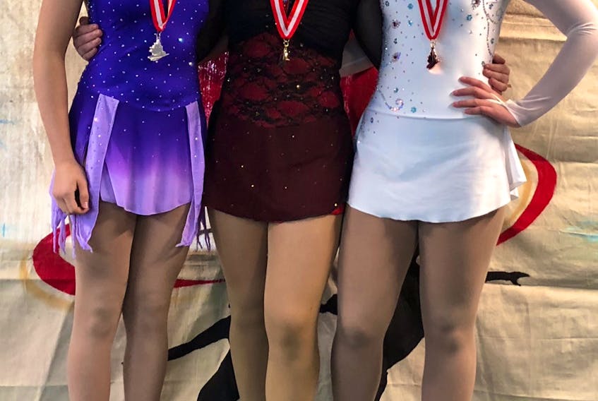 Three Skate Canada P.E.I. skaters competed in the pre-novice women’s event at a competition with Skate Canada Nova Scotia recently. From left: Katie Stavert-Bernard of Kensington, second; Emma Hynes of Summerside, first, and Kaitlyn Smith of Summerside, third.