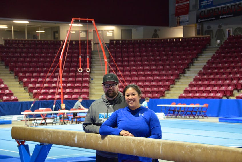 Summerside Saultos coaches Jeff McRae and Alice Ma-Crae were setting up equipment at Eastlink Arena on Wednesday for this weekend’s Eastern Canadian gymnastics championships.