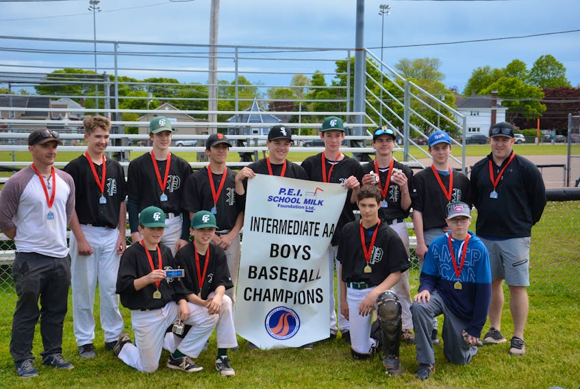 The Queen Charlotte Coyotes are the 2018 P.E.I. School Athletic Association Intermediate Boys Baseball League champions. The Coyotes defeated the Summerside Intermediate School owls 11-1 in the gold-medal game in Summerside on Wednesday afternoon. Members of the Coyotes are, front row, from left: Ryan Harper, Brett Arsenault, Will Morrison and Sam Barrett. Back row: Allister Smith (coach), Max MacIsaac, Kal White, Noah Dow, Dylan Worth, Tanner MacLean, Matt Dunn, Mark Mosely and Nick Phelan (coach). Missing from the photo is coach Kevin MacLean.