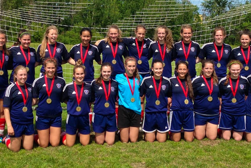 The Summerside United went undefeated in winning the Codiac First Touch FC annual soccer tournament in Moncton, N.B., on Sunday afternoon. The United defeated Oromocto, N.B., 5-0 in the championship game. Members of the United are, front row, from left: Carly MacKenzie, Paige Deighan, Abby Christopher, Hilarie Gaudet, Kyrsten Coyle, Julia Johnson, Jillian Arsenault, Brianna MacCardle, Liz Mulligan and Heidi Lauwerijssen. Back row: Michelle Johnson (coach), Maddy Moffatt, Rebecca Procter, Callie Champion, Jane Gallant, Paige Lauwerijssen, Ellen Murphy, Julia Smith, Madeline Hamill, Ellen Cole, Erin Arsenault-Gallant and Wade Smith (coach).