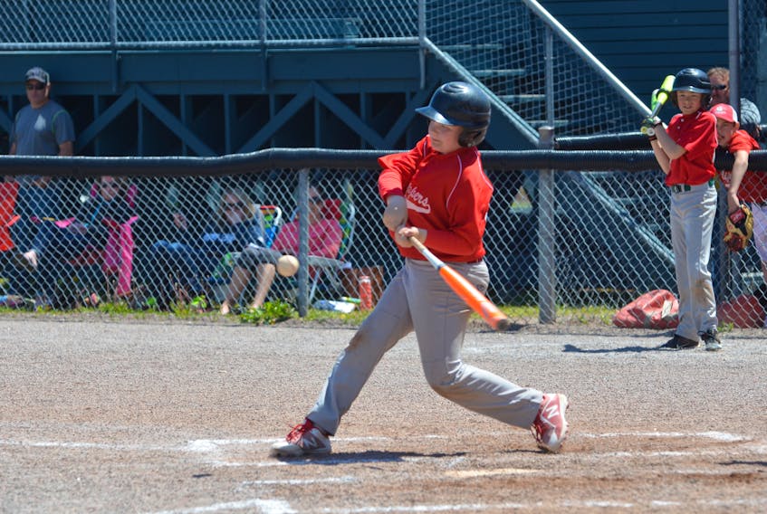 Thomas MacEachern of the Cardigan Clippers swings at a pitch during the championship game of the Summerside Area Baseball Association peewee AA tournament at Queen Elizabeth Park’s Very Important Volunteer Field on Sunday afternoon.