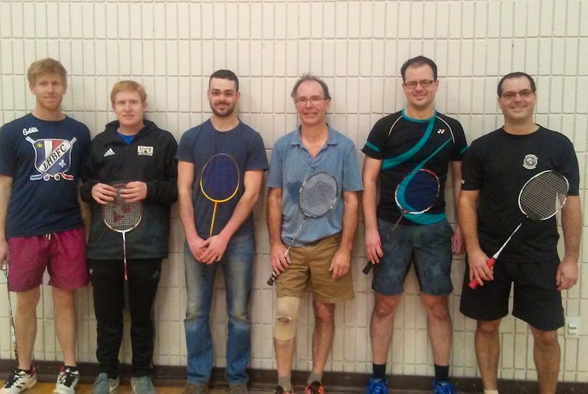The team of Luke MacKinnon, third left, and Paul Marchbank, third right, won the men’s doubles competition in the first Badminton P.E.I. senior event of the 2018-19 season recently. Jordan Cameron, left, and Jesse Cameron, second left, finished in second place while Daniel Breau, right, and Neil Moore, second right, teamed up to take the consolation title.