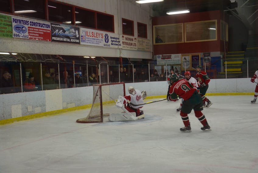 Kensington Wild forward Bennett MacArthur, 9, made no mistake firing the puck past Fredericton Caps goaltender Frederic Plourde for the first goal of Saturday night’s New Brunswick/P.E.I. Major Midget Hockey League game at Credit Union Centre. The Wild went on to win the contest 8-1.