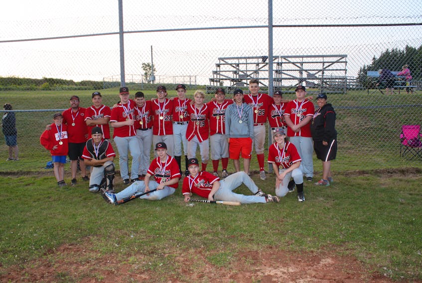 The Summerside Chevys recently won the P.E.I. Midget A Baseball League championship. Members of the Chevys are, front row, from left: Carson Arsenault, Brenden Wilson, Parker Gallant and Zoey Chapman. Back row: Alex Day (bat boy), Bobby Day (assistant coach), Jonah Gallant, Tyler Gallant, Mark MacCormack, Dylan Gilfoy, Nick Blanchard, Kyle Wilson, Logan Yeo, Zack Gallant (assistant coach), Andrew Cameron, Justin Day, Cameron Murray and Tammy Gallant (head coach).