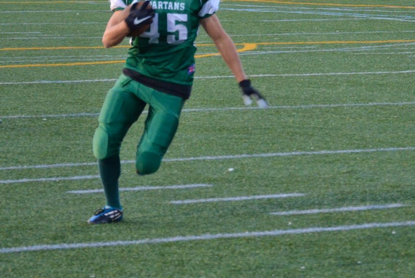 Kieran Arsenault scored a defensive touchdown for the Summerside Waterwise Spartans on Friday night. The host Spartans topped the Kings County Steelers 54-6 in a Papa John’s P.E.I. Bantam Tackle Football League game at Eric Johnston Field.