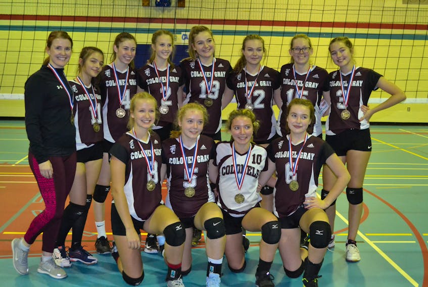 The Colonel Gray Colonels captured the 35th annual girls’ Westisle Wolverine Volleyball Classic on Saturday. Team members are, front row from left: Ella Hickey, Claire Davis, Monica Gollaher and Sydney Strain. Back row: Jenny White (coach), Enya Acatincal, Amanda MacBain, Morgan White, Emma MacKenzie, Bryn MacDonald, Rylee Connolly and Marie Fogarty.