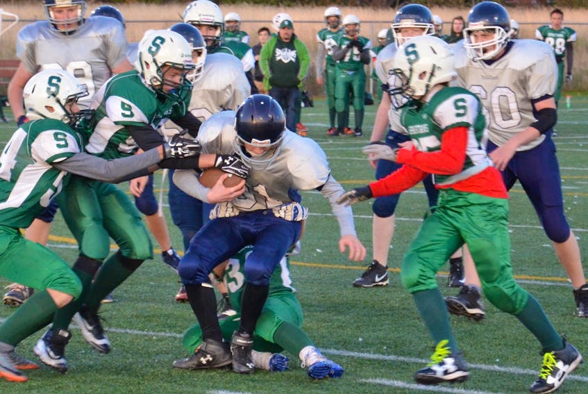 The Summerside Waterwise Spartans and Charlottetown Privateers battle in a regular-season game in the Papa John’s P.E.I. Bantam Tackle Football League at Eric Johnston Field. The two teams will be back there for a semifinal game on Friday at 6 p.m.
