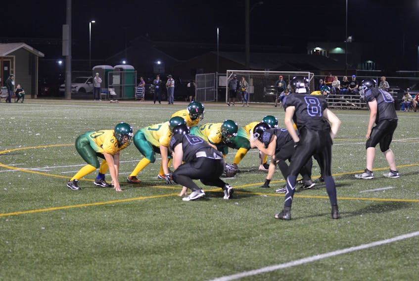 The Summerside Clippers, left, line up on offence during a recent home game against the Souris Wildcats in the P.E.I. Varsity Tackle Football League game. The Clippers will host the Charlottetown Privateers at Eric Johnston Field in Summerside on Friday at 8 p.m.