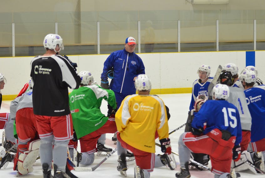 Summerside Western Capitals head coach Billy McGuigan explains a drill at Credit Union Place’s Ice Pad earlier this week. The Caps’ home opener is at Eastlink Arena on Saturday against the Edmundston Blizzard. Puck drop is 7 p.m.