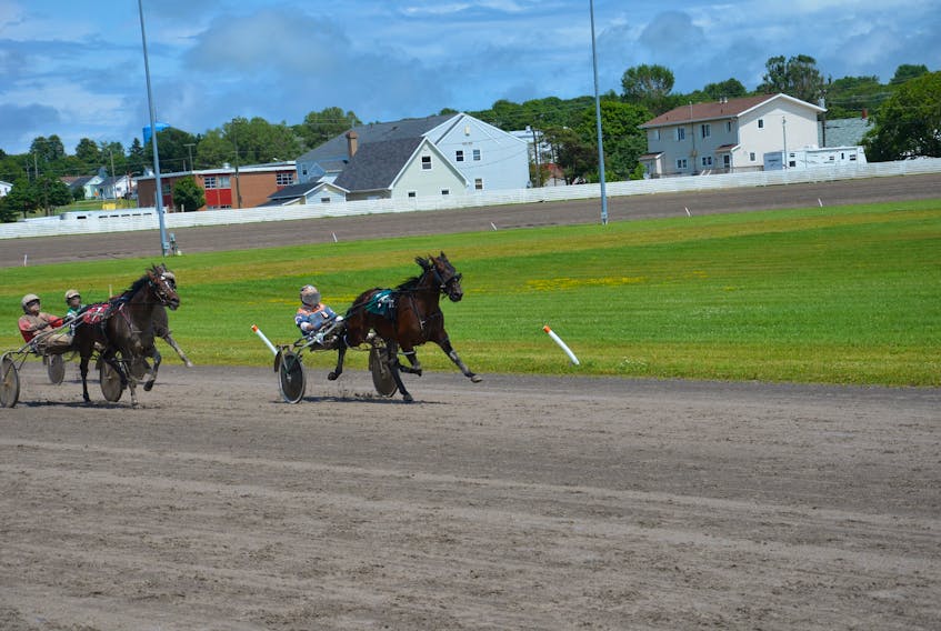 Walter Cheverie drives Therealdeal to victory in a Callbeck Stakes’ event for two-year-old fillies at Red Shores at Summerside Raceway on Sunday afternoon. David Dowling drove Howmac Sabrina, left, to a second-place finish, and the Dale Spence-driven Im A Miracle finished third. Time of the mile in the $5,800 race was 2:01.4.