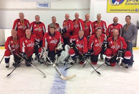 P.E.I. went 3-1 to capture the bronze medal in men’s hockey at the Canada 55-Plus Games in Saint John, N.B. P.E.I. defeated South Shore from Nova Scotia 5-4 in a shootout in the bronze-medal game. P.E.I. also posted a 5-4 shootout win over the Saint John Vitos and an 11-0 decision over the Truro Bearcats while losing 4-2 to the eventual silver-medallists Cornwall Classics from Ontario. Brampton, Ont., won the gold medal in the eight-team division. P.E.I. team members are, front row, from left, are George Roberts, Kris Mayne, Boyd Woodard, Gordie Montgomery, Charlie Cameron and Doug Carmody. Second row, David Groom, Don Clow, Ron Carragher, Mike McIver, Gerard Dillon, Paul Dawson, Brian Cameron, Rick Morrison and Rick Cameron.
