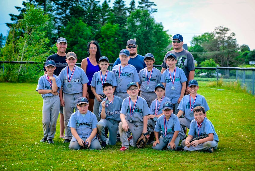 Members of the Western Mariners’ mosquito A baseball team are, front row, seated, from left: Waylon Doucette, Zack Gaudet and Ashton Gaudet. Second row: Brock Arsenault, Zack Dwyer, Isaac Gaudet and Pierson DesRoches.  Third row: Jackson Chaisson, Charlie Gaudet, Aiden Chaisson, Isaac Fitzpatrick,  Henry Patterson and Kolby Hackett. Back row: Corey DesRoches (assistant coach), Nicole Ready-Doucette (assistant coach), Jake Dwyer (trainer) and Colin Brewer (coach). Missing from photo are team members AJ Pitre and Colten Darville.