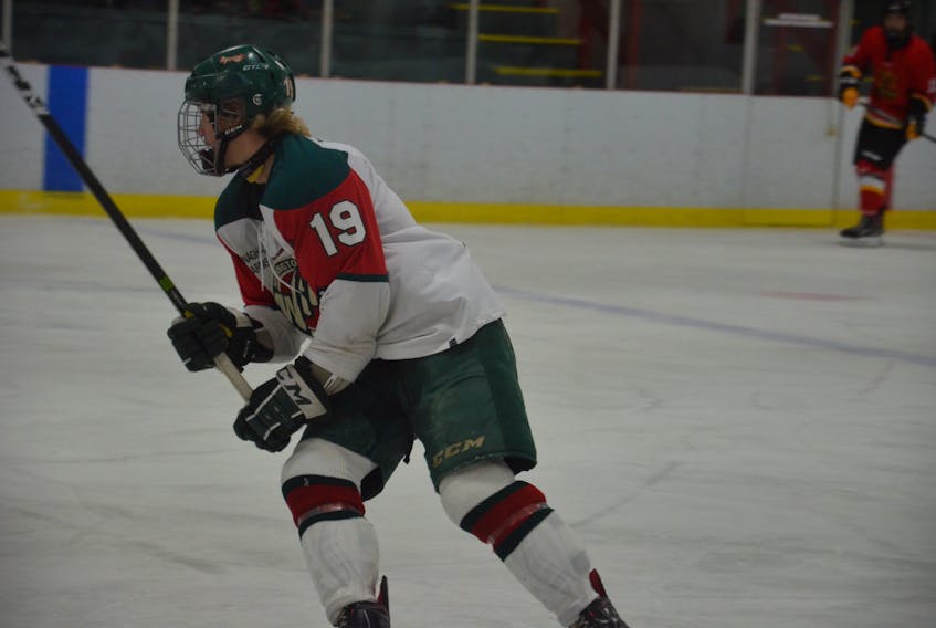 Forward Frank Fortin scored twice to lead the Kensington Monaghan Farms Wild past the Fredericton Caps 5-2 in a New Brunswick/P.E.I. Major Midget Hockey League game at Community Gardens on Saturday night.
