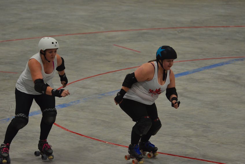 Shelley Ford-Lilly, left, and Alicia Arsenault are members of the 2018 edition of the Twisted Sisters of the Wharf City Roller Derby League. The Twisted Sisters will kick off this year’s schedule at home – The Plex in Slemon Park – against the Avon River Rebel Belles of Windsor, N.S., on Saturday at 7 p.m.