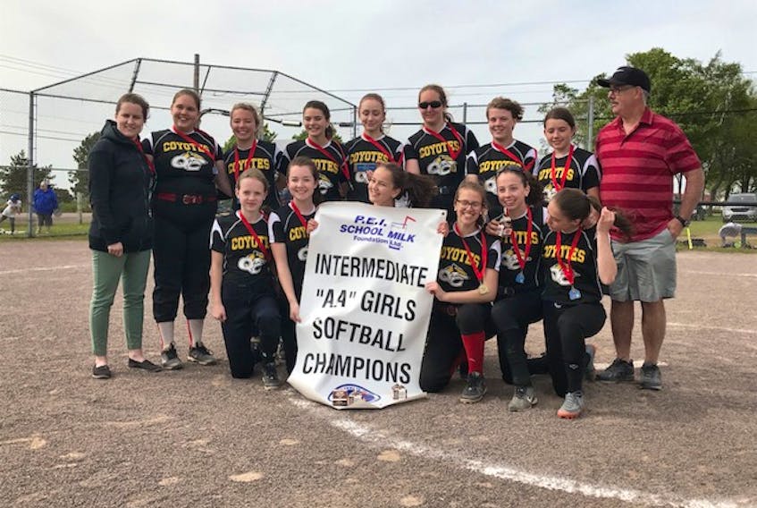 The Queen Charlotte Coyotes won the 2018 P.E.I. School Athletic Association Intermediate AA Girls Softball League championship in Slemon Park on Tuesday afternoon. Queen Charlotte team members are, front row, from left: Madison Burke, Maddy Mossey, Camryn Donnelly, Madi Gallant, Sophia Jeffrey and Olivia Devine. Back row: Lindsay MacLeod (coach), Ella Condon, Monica Gollagher, Ella Hennessey, Jessica Murphy, Lauren Smith, Vanessa Keefe, Abby Smith and Stephen White (coach).