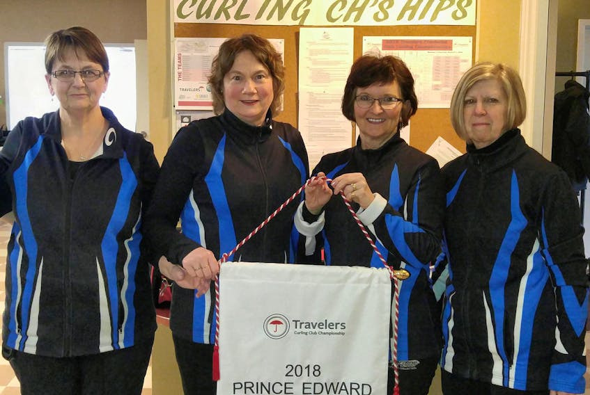 The rink of, from left, lead Cindy Nicholson, second Sandra Sobey, third Nancy MacFadyen and skip Debbie Rhodenhizer defeated the Melissa Morrow rink from the Silver Fox Curling and Yacht Community Complex twice in the championship round to win the recent P.E.I. Travelers curling club women’s championship in Montague. Rhodenhizer won the first game 5-4 and the second game 6-5, both games went to extra ends. The format was double elimination, so the undefeated Morrow squad had to be beaten twice. The Morrow rink also included lead Miranda Ellis, second Lindsay Spencer and third Darcy Birch. Dates and venue for the nationals have not yet been announced.