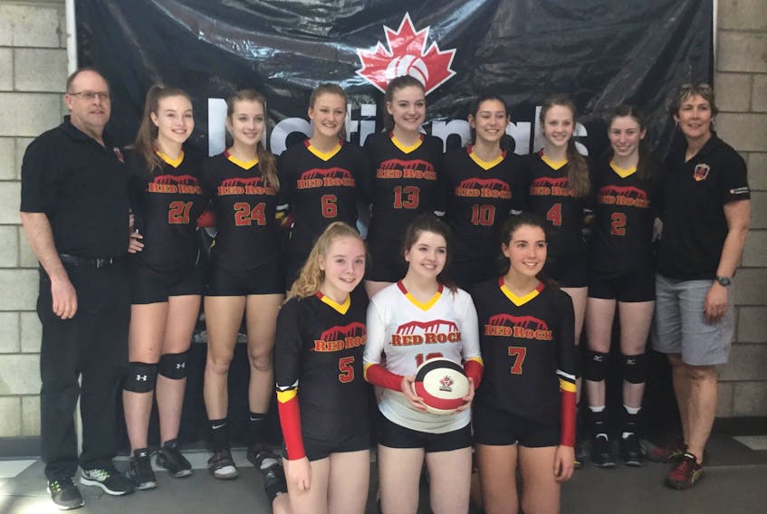 The Red Rock Volleyball Club’s 17-under team had a strong showing at the Volleyball Canada national championships in Edmonton recently. Team members are, front row, from left: Front Claire Davis, Faith Reeves and Mary Lowther. Back row: Randy Goodman (coach), Bryn MacDonald, Anna Herget, Abby Hyndman, Emma MacKenzie, Sarah Inman, Morgan White, Amanda MacBain and Lynn Boudreau (coach).