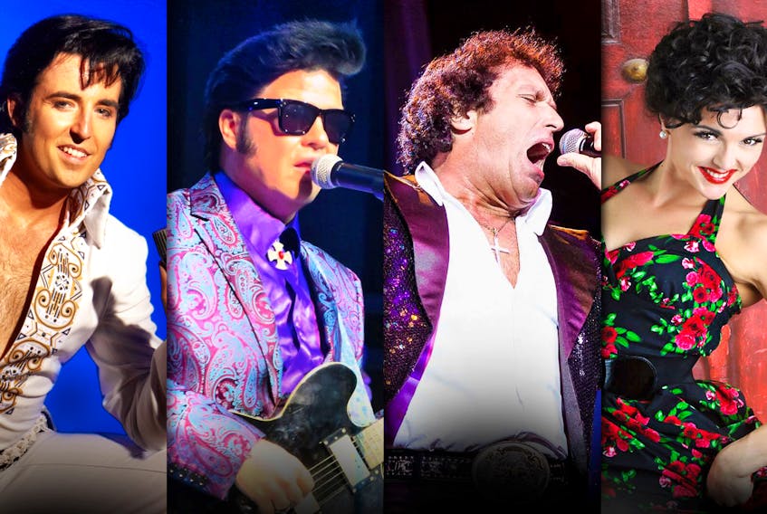 Tribute artists, from left, Pete Paquette, Jesse Aron, Lou Nelson and Amberley Beatty bring the music of Elvis Presley, Roy Orbison, Tom Jones and Connie Francis to the Harbourfront Theatre in Summerside on April 27.