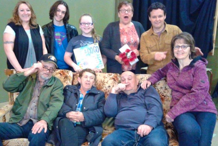The cast of “Look Who’s Laughing!”, a comedy being presented by the Tignish Drama Club, include: (standing from left) Cindy Perry (who plays Barbara), Tristen Blackmore (Artie), Tayler Blackmore (Joanie), Mary Rae Lambert (Doreen), Stan Perry (Waldo), front: Danny Gavin (Jed), Carol Ann Gallant (Grandma), Paul Shea (Henry), and Sharon Shea (Mamé).