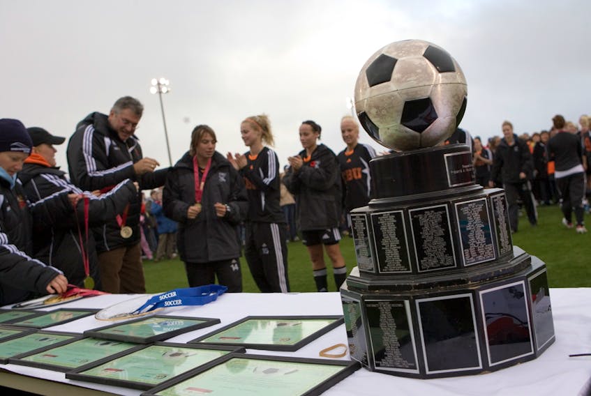 The trophy presented to Canada's national women's soccer champions is shown on display in New Waterford back in 2007 when Cape Breton University hosted and won the national championship. The national tournament will return to Cape Breton in 2020.