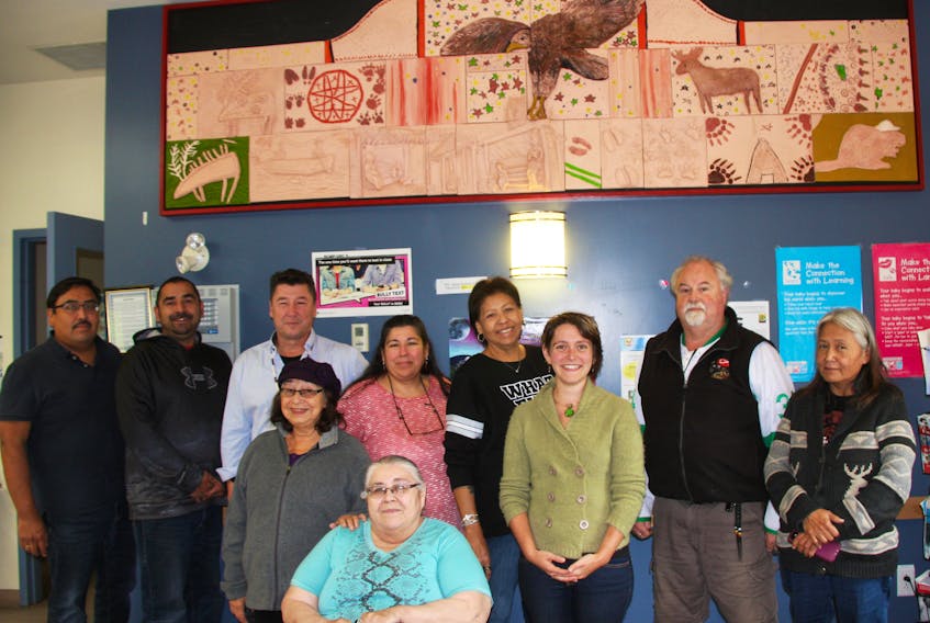 The Little Eagles artwork was unveiled at the Paqtnkek Health Centre Oct. 9. Pictured are those who worked with youth from the community on the project as well as some Paqtnkek band council members who broke from their nearby meeting to observe the unveiling.